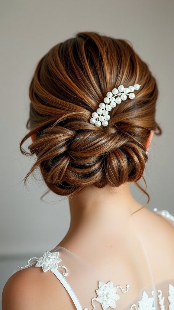 A low side bun hairstyle adorned with pearls, showcasing a classic and elegant bridal look.