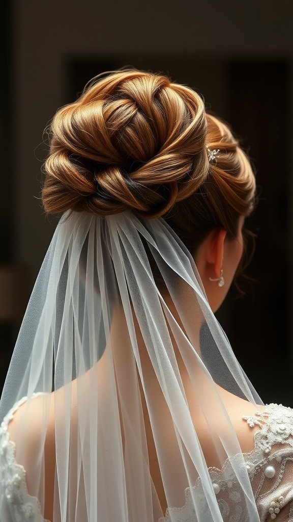 A bride showcasing a dramatic bouffant hairstyle adorned with a flowing veil.