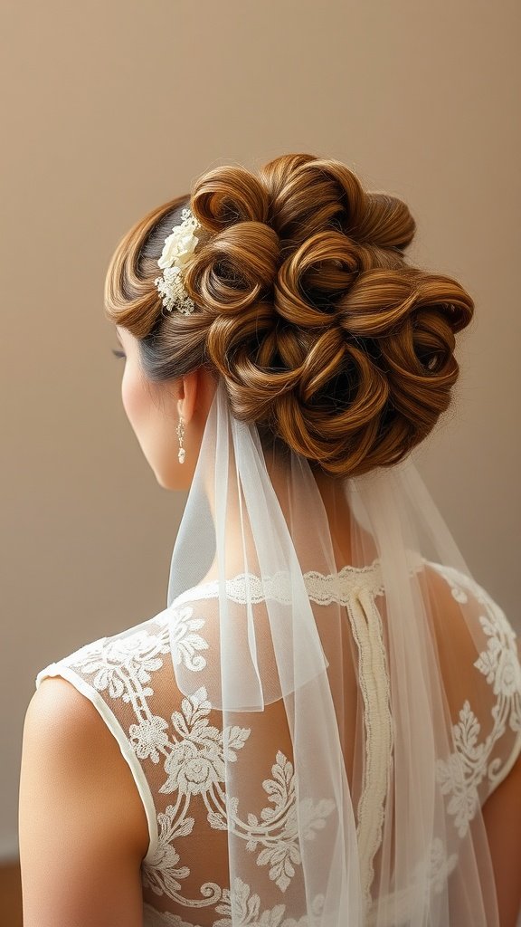 A bride with a curly updo hairstyle adorned with a vintage veil, showcasing intricate curls and elegant accessories.