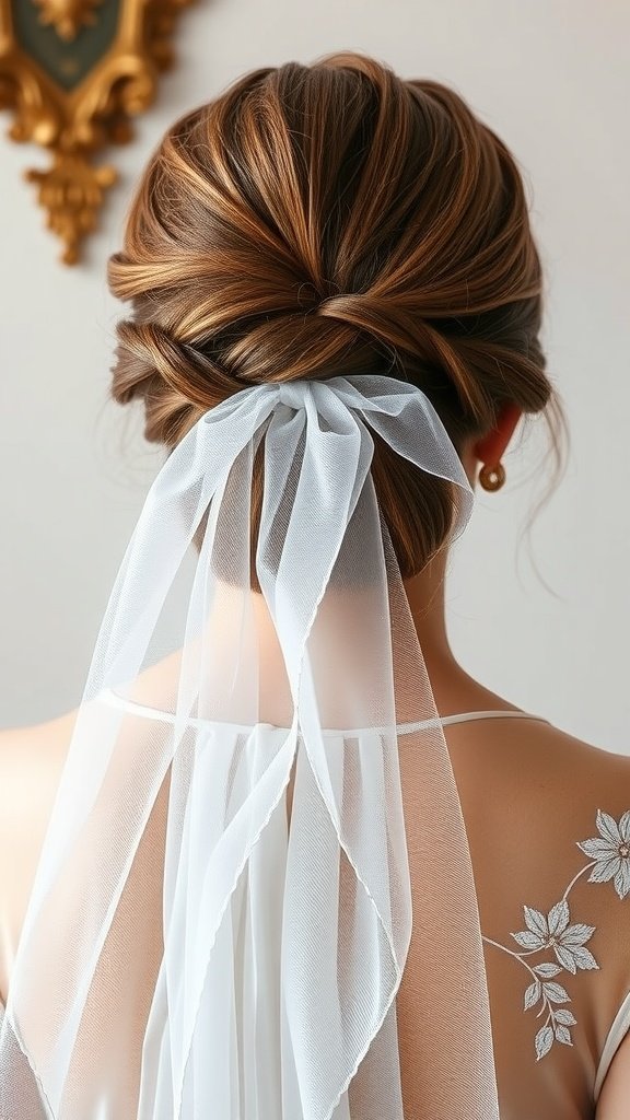 A back view of a classic French twist hairstyle adorned with a delicate veil.