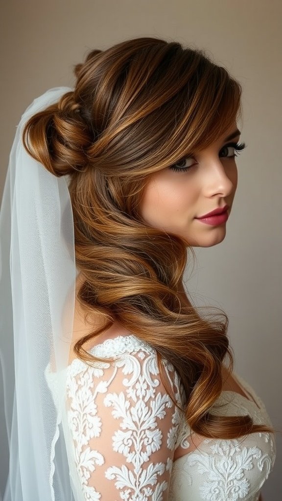 A bride with side-swept waves and a veil, showcasing a romantic hairstyle.