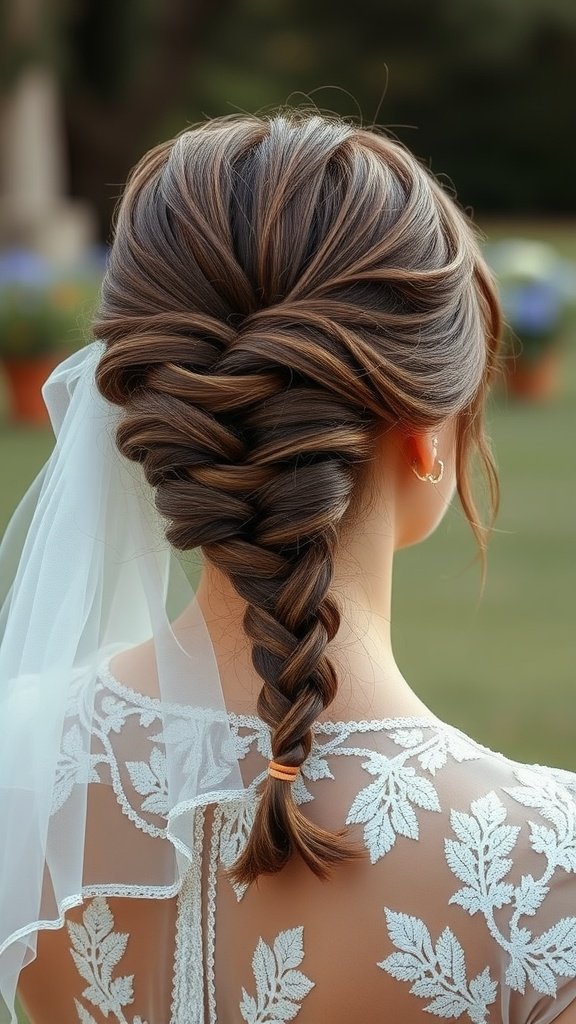 A stylish braid adorned with a tulle veil, showcasing a romantic wedding hairstyle.