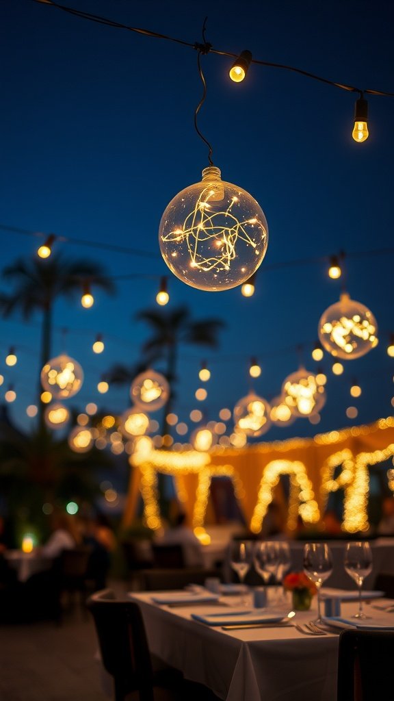 Hanging fairy light globes illuminated in a dining setting.