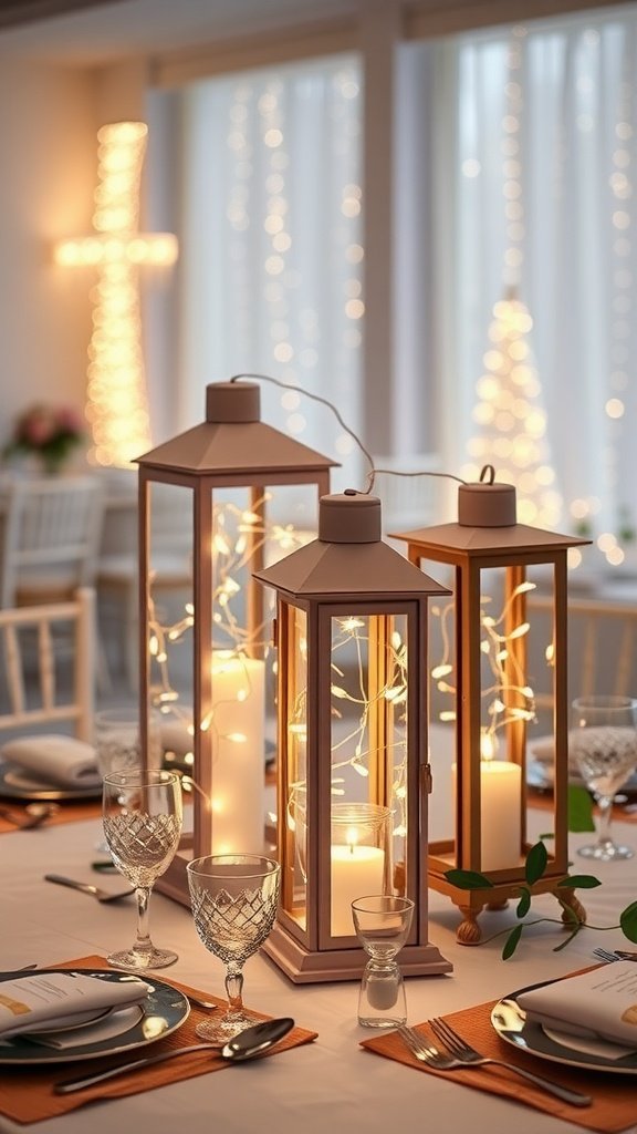 Chic table centerpiece featuring lanterns with fairy lights and candles, set in a decorated dining area.