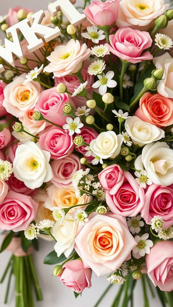 A beautiful bouquet featuring pink, white, and peach roses with delicate daisies and wooden letters.