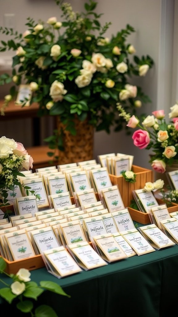 A display of eco-friendly seed packets arranged with fresh flowers, ideal for spring wedding favors.