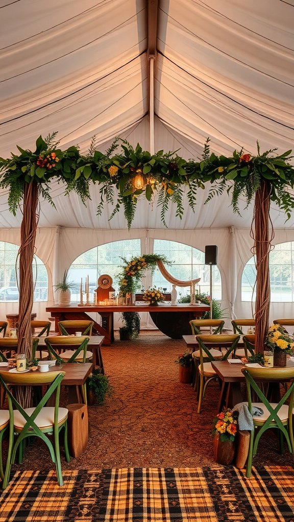 A beautifully decorated wedding tent with rustic wooden tables, green chairs, and a floral arch made of seasonal foliage.