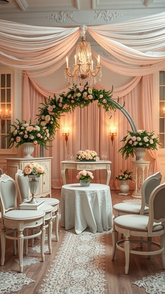 A vintage-inspired wedding setup featuring pink drapes, floral arrangements, and elegant furniture.