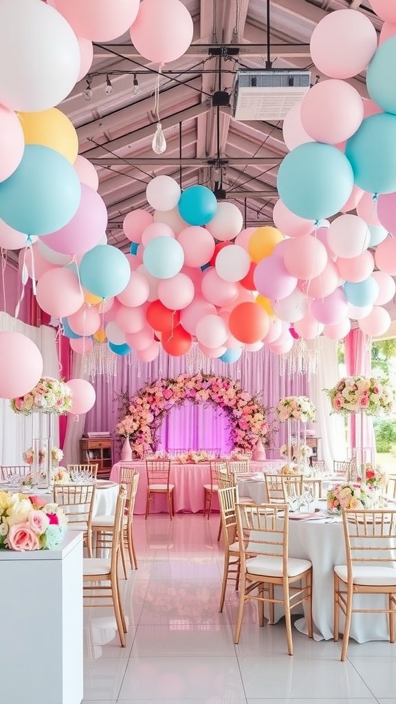 A wedding venue decorated with pastel balloons and floral arrangements, featuring tables set for guests.