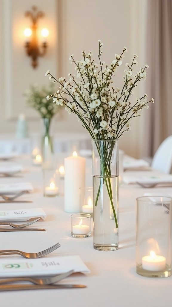 Elegant wedding table with baby's breath centerpieces and soft glowing candles.