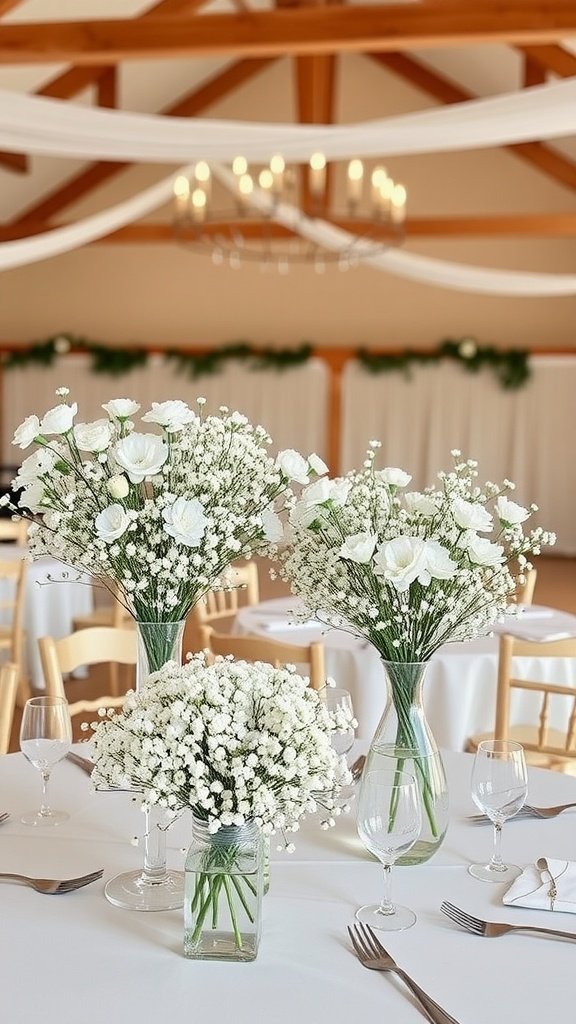 Elegant wedding centerpieces featuring white roses and baby's breath in glass vases.
