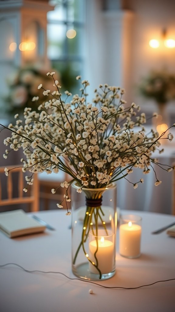 A whimsical display of baby's breath in a glass vase with fairy lights and candles on a wedding table.