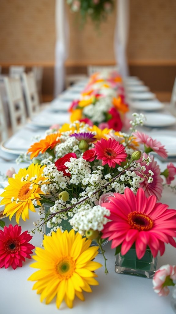 Colorful wedding centerpieces featuring baby's breath and bright flowers.