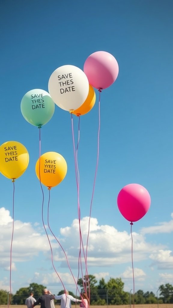 Colorful balloons with messages saying 'Save the Date' and 'Save Yes Date' floating in the sky.
