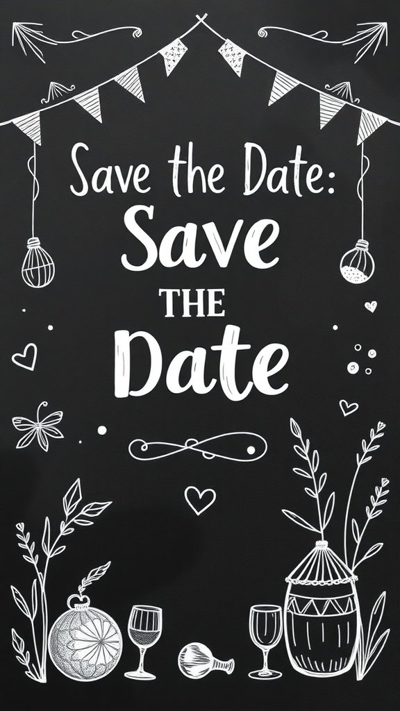 Chalkboard style Save the Date invitation with decorative elements