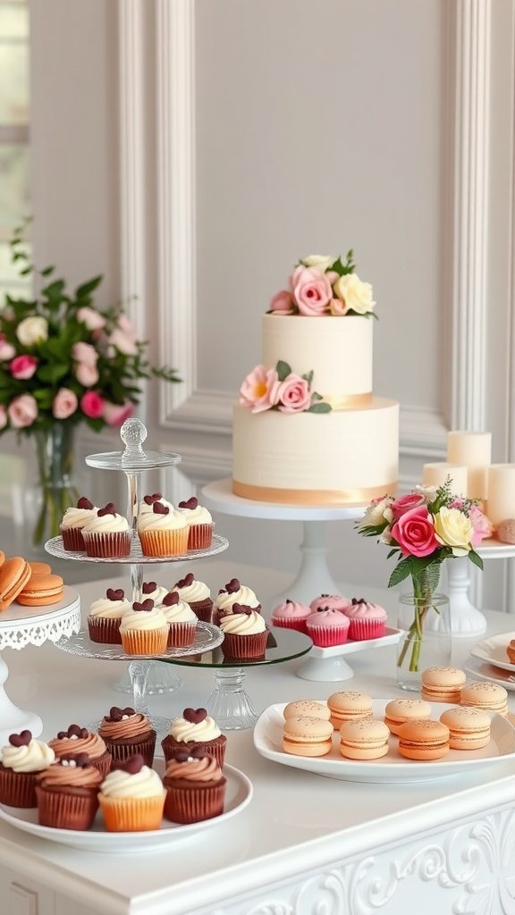 Dessert bar featuring cupcakes, macarons, and a decorated wedding cake with roses.