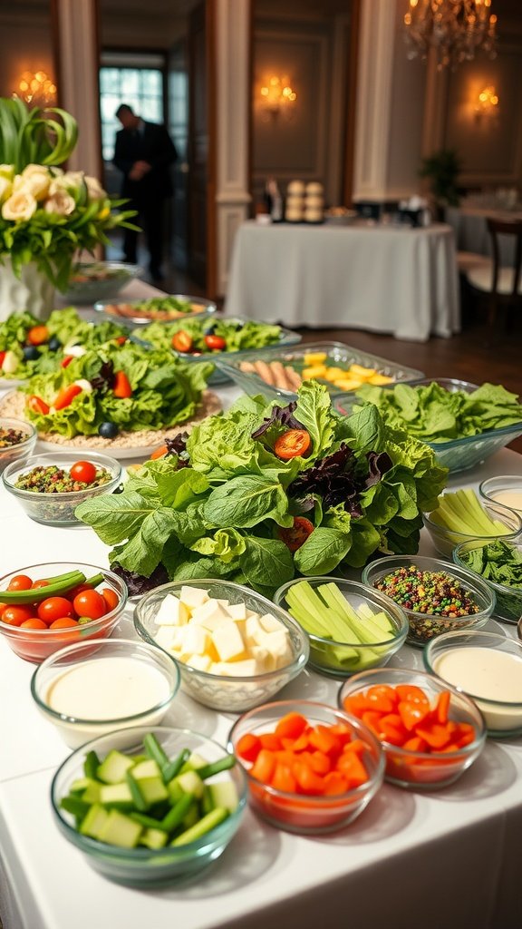 A beautifully arranged salad bar featuring fresh greens, various vegetables, and dressings.