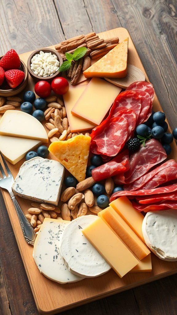 A beautifully arranged gourmet cheese and charcuterie board featuring various cheeses, meats, fruits, and nuts.