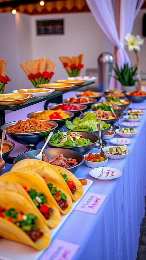 A beautifully arranged taco bar with various toppings and ingredients.