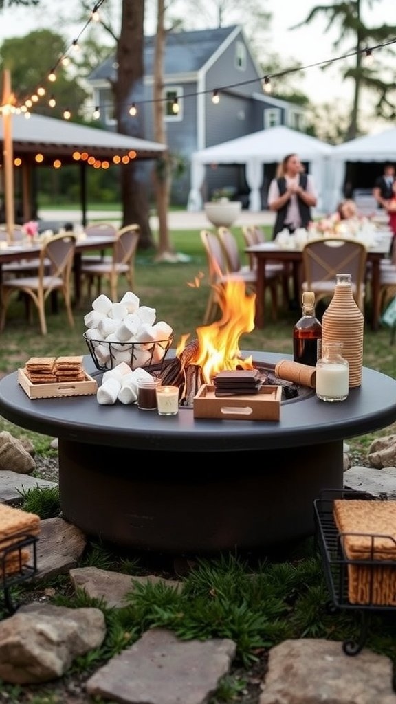 A cozy outdoor s'mores station with a fire, marshmallows, graham crackers, and chocolate