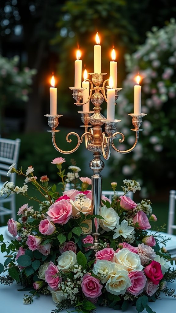 Candelabra centerpiece with candles and pink roses in a garden setting