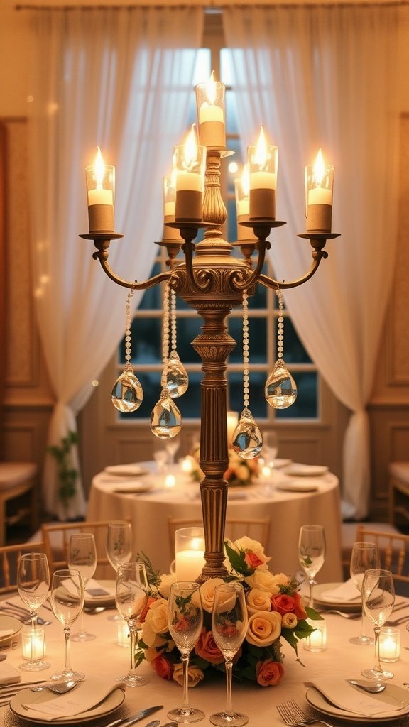 Candelabra centerpiece with hanging votives and floral arrangement on a wedding table