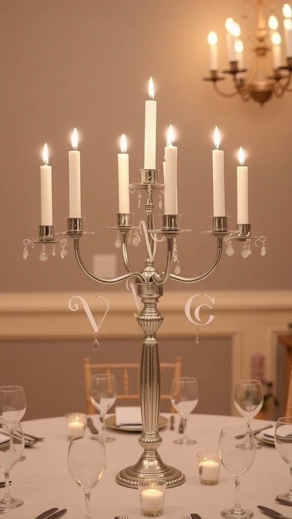 A silver candelabra with white candles, personalized with initials, set on a wedding table.