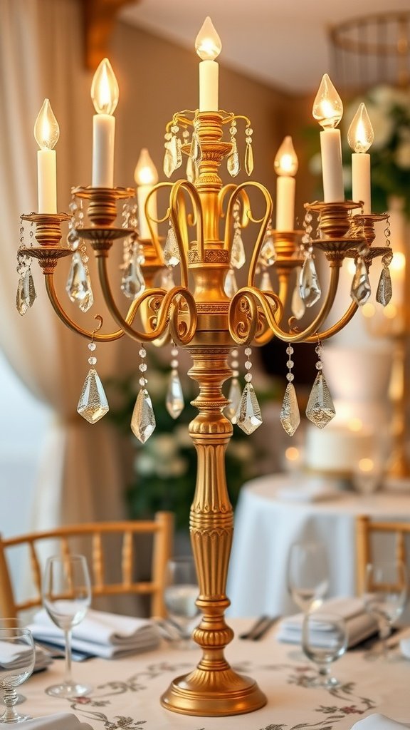 Vintage gold candelabra with crystal droplets, elegantly lit with candles at a wedding table
