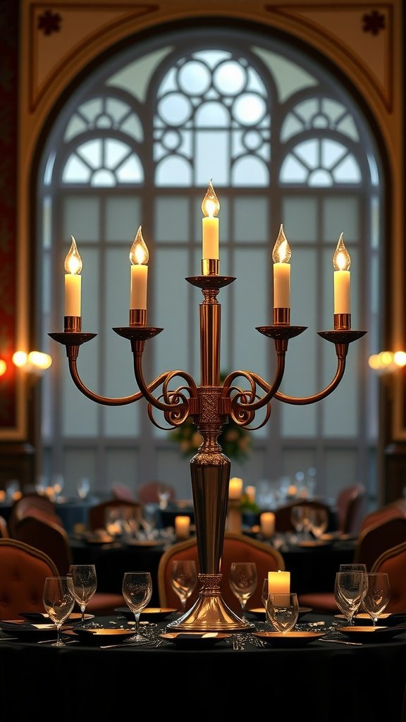 An elegant Art Deco candelabra centerpiece with lit candles, beautifully set on a dining table.