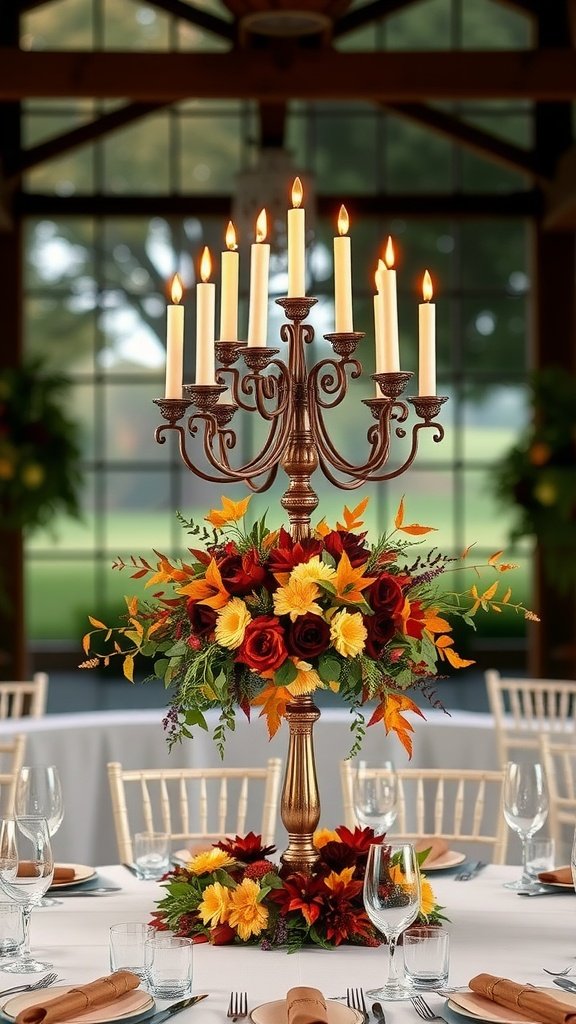 A beautiful candelabra centerpiece featuring seasonal flowers in rich colors.