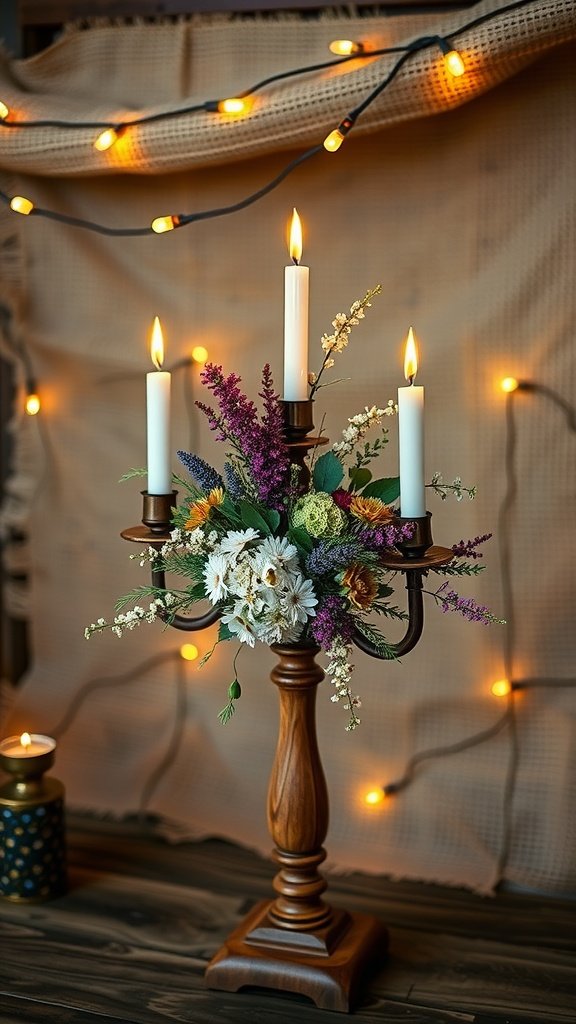 A rustic wooden candelabra with three candles and floral accents, set against a softly lit background.