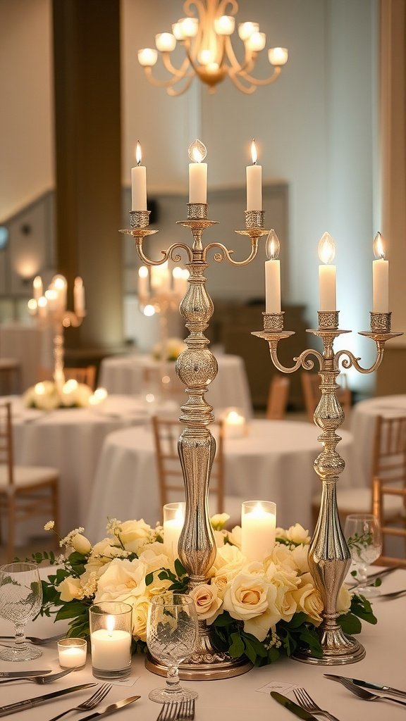 Elegant silver candelabra centerpiece surrounded by white roses and candles on a wedding reception table.