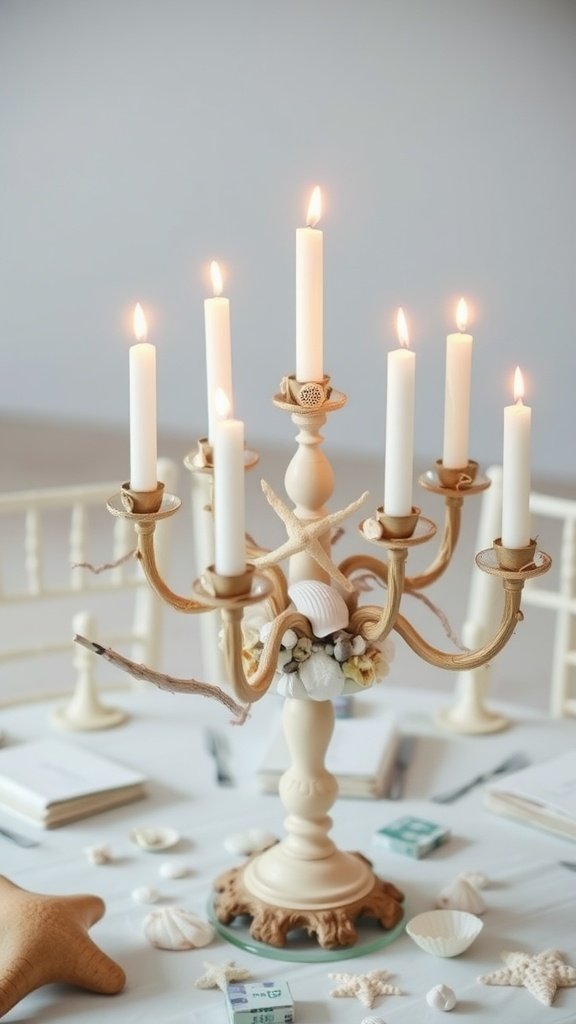 A beach-themed candelabra centerpiece with candles and seashells.