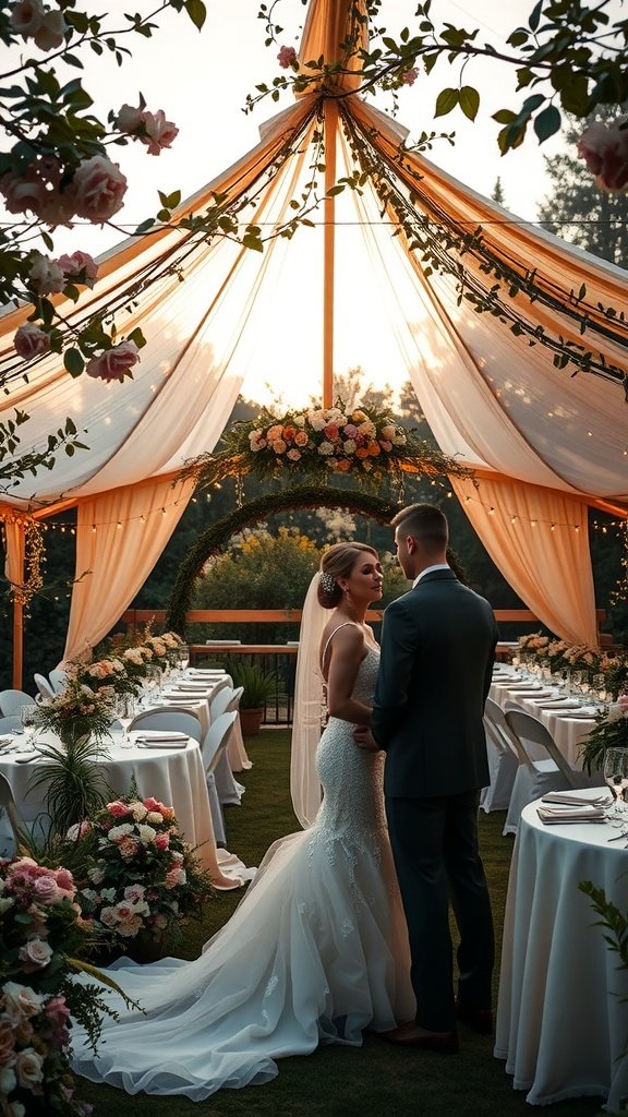 A couple at a beautifully decorated outdoor wedding tent with floral arrangements.