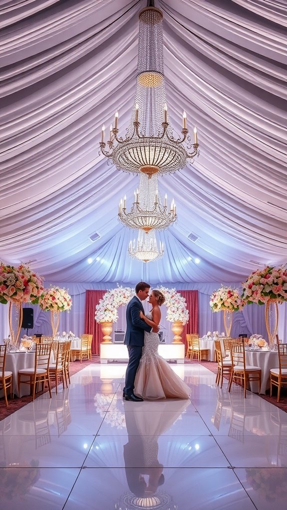Luxurious grand ballroom-style tent for an outdoor wedding reception.