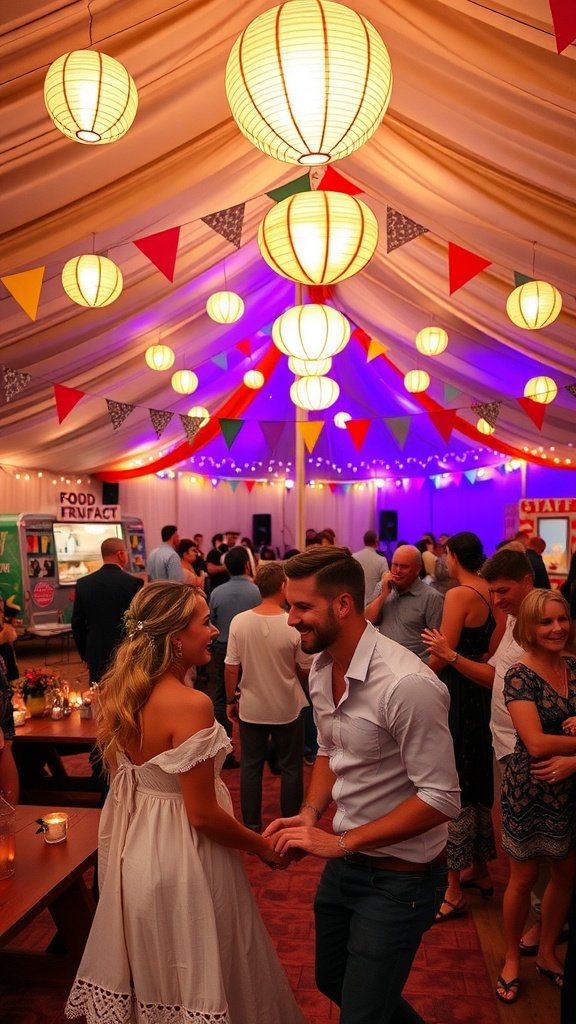 A festival-style wedding celebration with colorful decorations and people dancing in a tent.