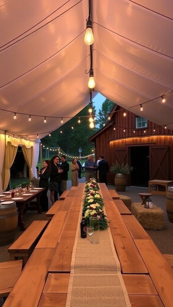 Rustic barn wedding tent with wooden tables and floral decorations.