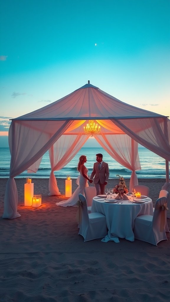 A couple standing under a beach tent, surrounded by elegant decor and candlelight.