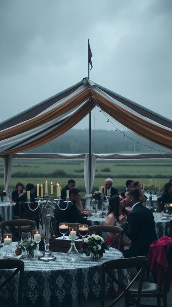 Couple sharing a romantic moment at a candlelit tented wedding reception