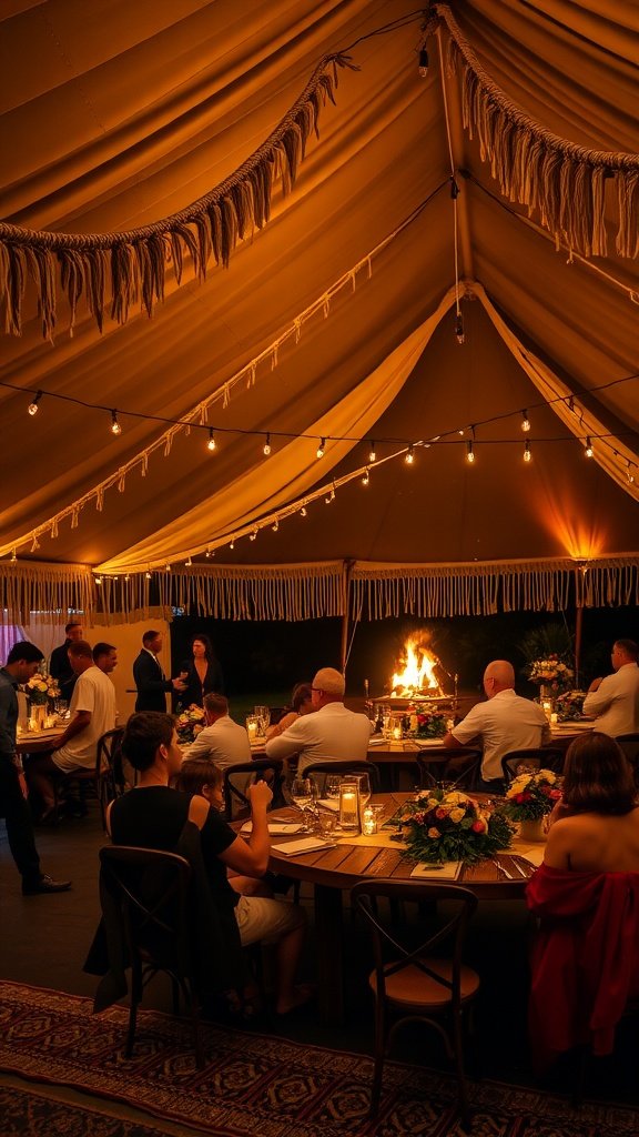 Boho-chic wedding tent with warm lighting and floral decor.