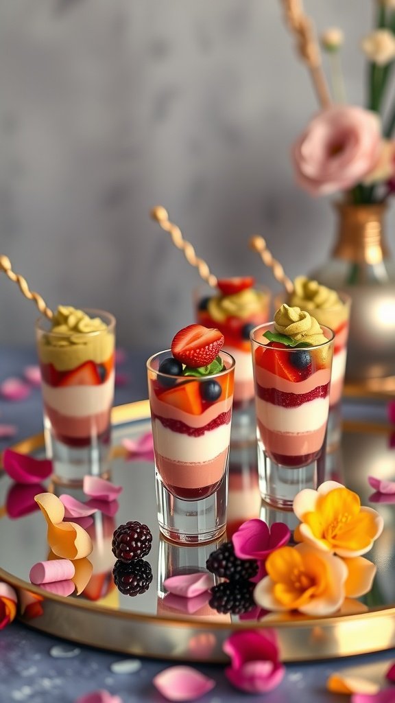 Colorful mini dessert shooters with fruits and cream on a decorative tray surrounded by flower petals.