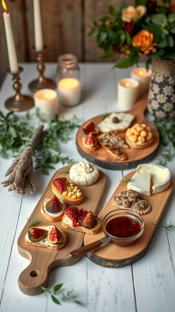 A beautifully arranged DIY crostini bar with toppings such as cheeses, fruits, and spreads on wooden boards, surrounded by candles and flowers.