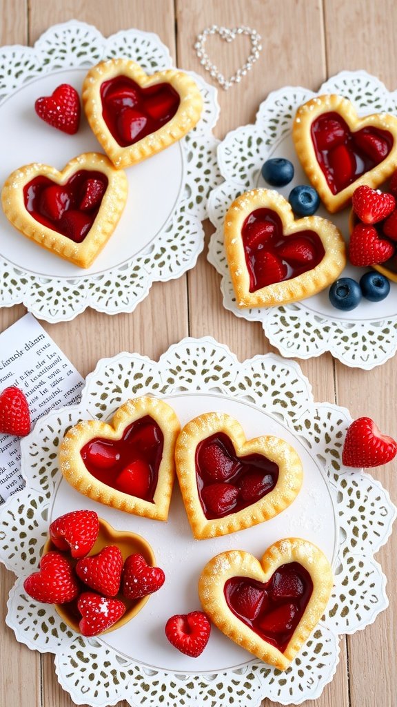 Heart-shaped hand pies with berry filling on decorative plates