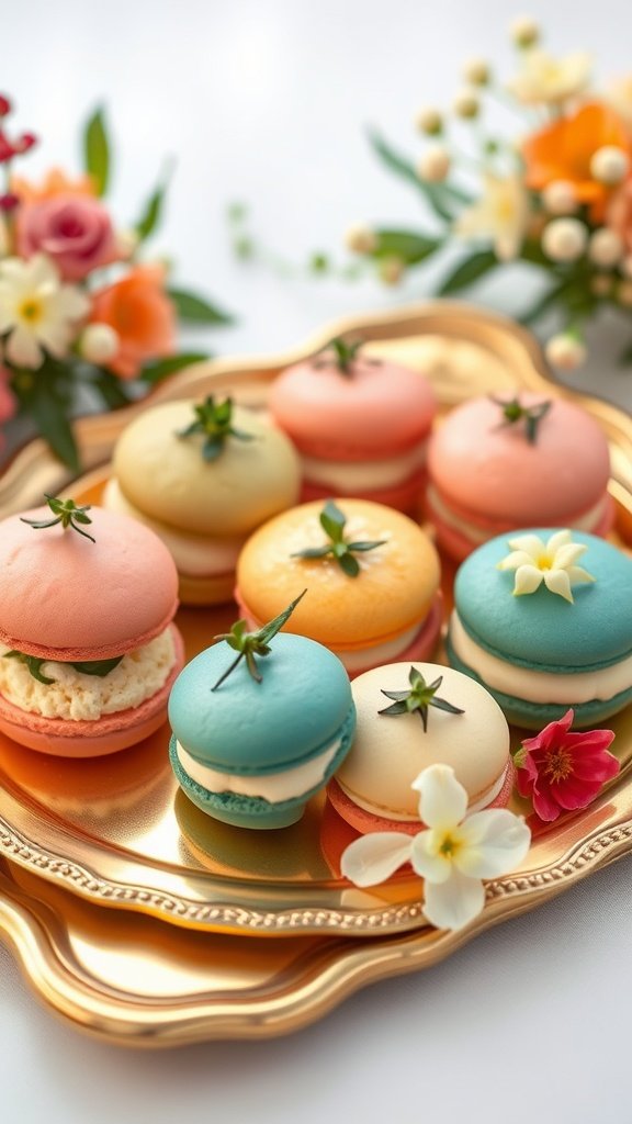 Colorful savory macaron bites arranged on a golden platter with flowers
