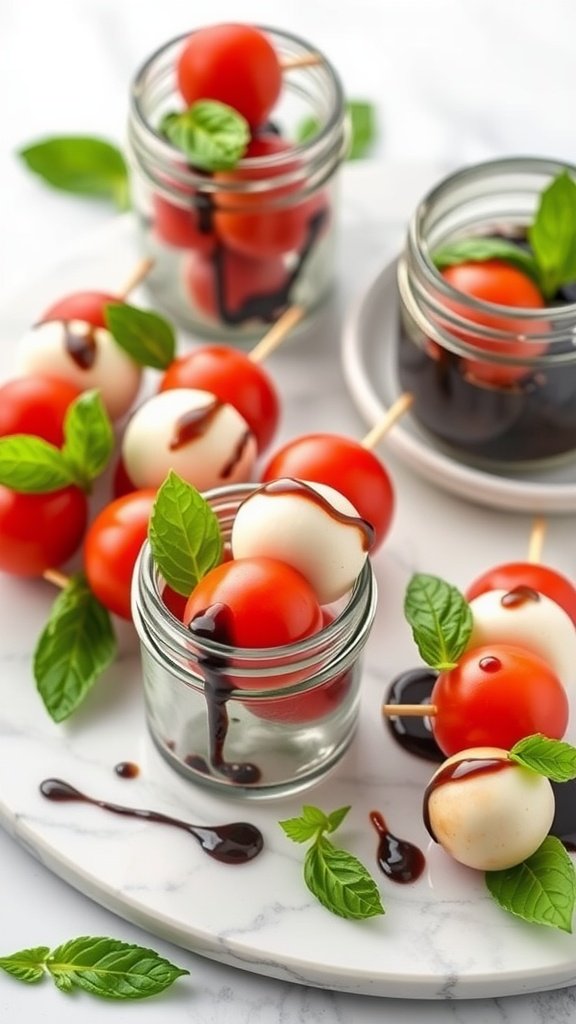 Caprese salad skewers with cherry tomatoes, mozzarella, and basil, drizzled with balsamic glaze