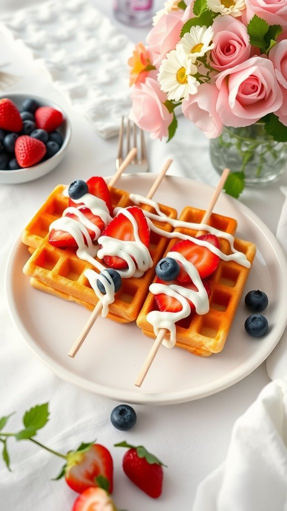 Mini waffle skewers with strawberries, blueberries, and whipped cream on a plate.