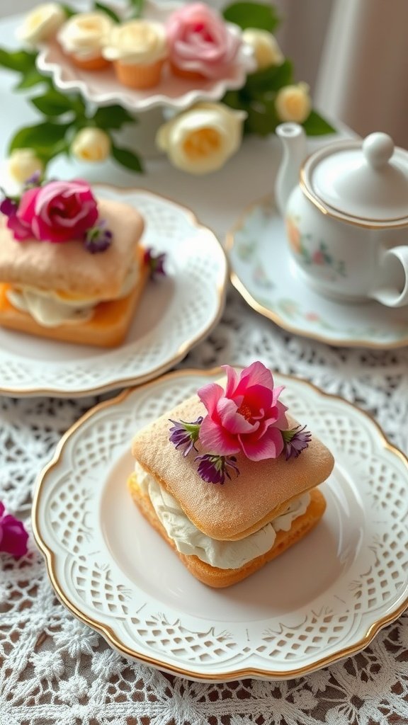Tea sandwiches topped with edible flowers on decorative plates, with a tea set in the background.