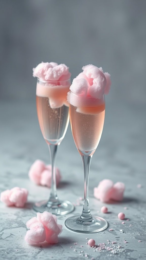 Two glasses of sparkling drink topped with pink cotton candy, with scattered cotton candy around.