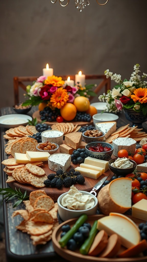 A beautifully arranged grazing table featuring an assortment of cheeses, crackers, fruits, and flowers.