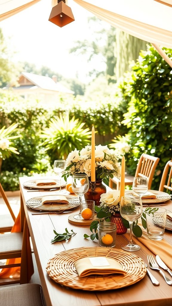 A beautiful outdoor brunch table set with flowers, candles, and citrus decor.
